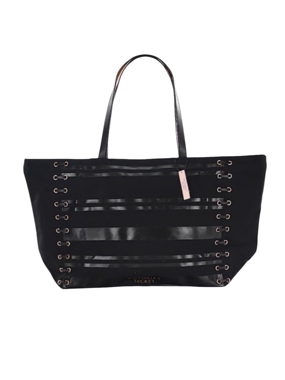 Victoria’s Secret Black Canvas Weekender Rose Gold Lace Up Tote Bag